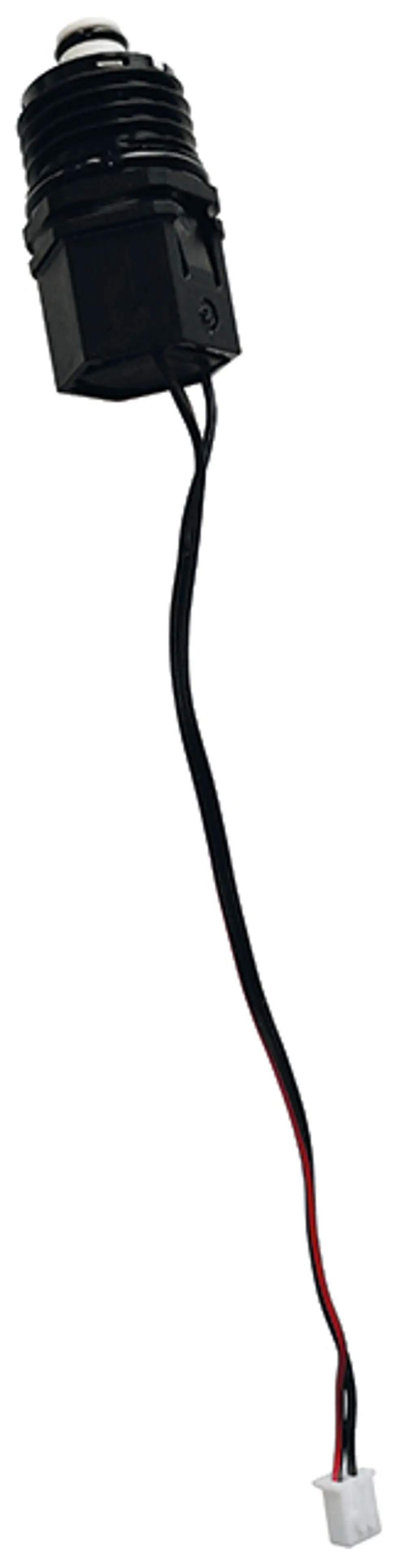 Syr Kartuschenventil mit schwarzem Gehäuse und zwei Kabeln, einem weißen Stecker und einem Taster oben.